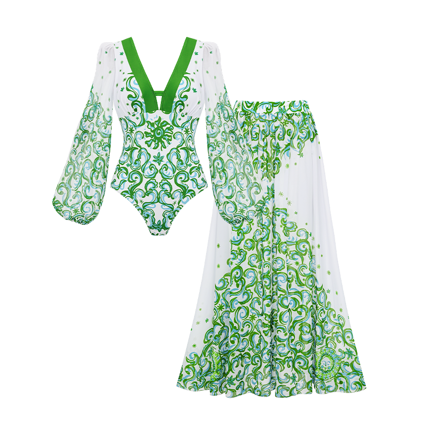 V Neck Printed Rashguard Swimsuit Set(s)	
