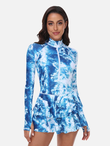 One-Piece Long Sleeve Ruffle Skirt Swimsuit