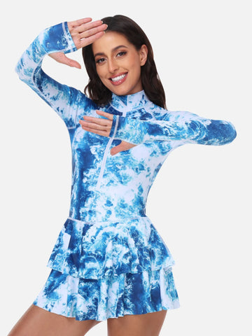 One-Piece Long Sleeve Ruffle Skirt Swimsuit