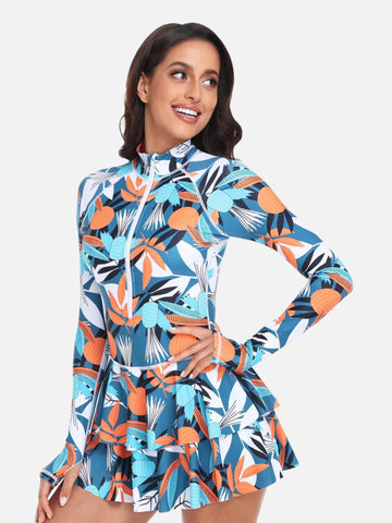 One-Piece Long Sleeve Ruffle Skirt Swimsuit