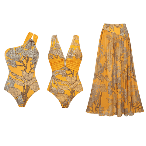 One Shoulder Yellow Printed Swimsuit Set(s)	