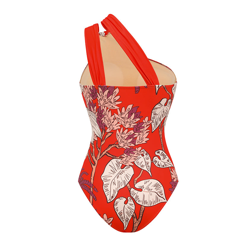 One Shoulder Red Plant Print Swimsuit Set(s)	
