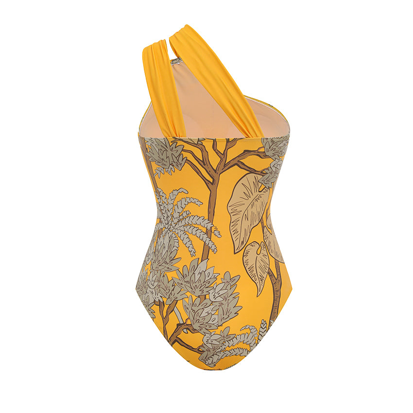 One Shoulder Yellow Printed Swimsuit Set(s)	