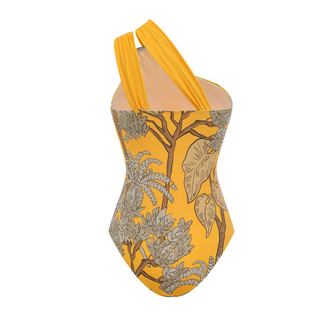One Shoulder Yellow Printed Swimsuit Set(s)	