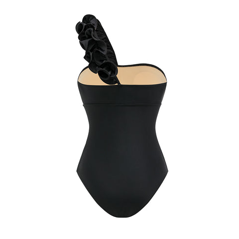 One Shoulder Ruffle Black Laser Cutting Flower Swimsuit Set(s)	