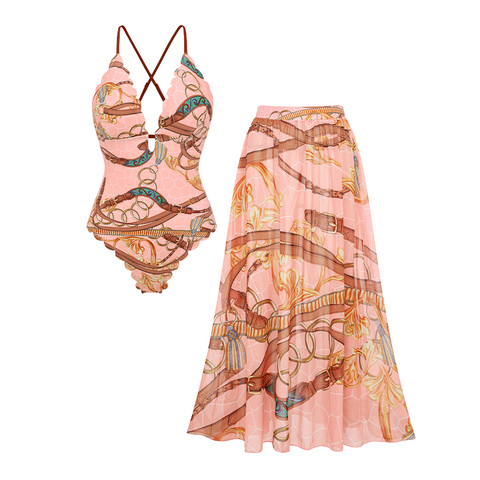 V Neck Lace Printed Swimsuit Set(s)	