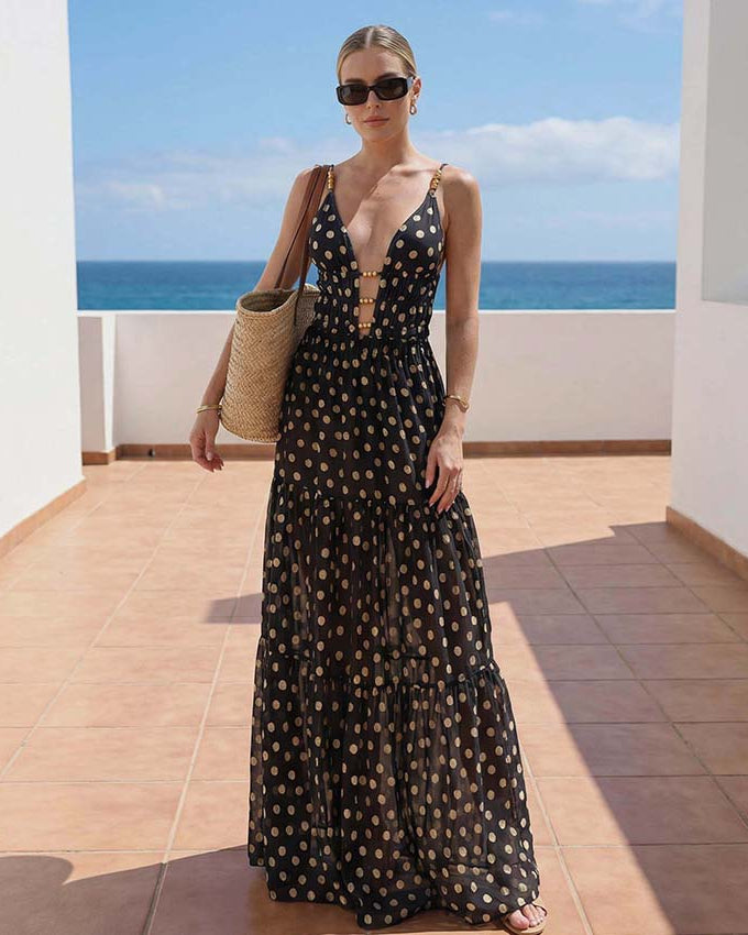 Black and Gold Polka Dots V-neck One Piece Swimsuit and Skirt	