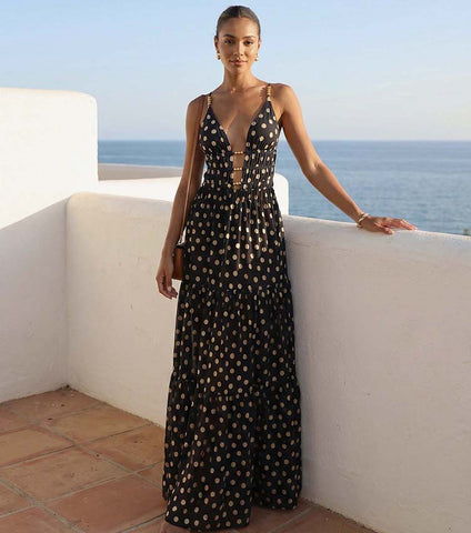 Black and Gold Polka Dots V-neck One Piece Swimsuit and Skirt	