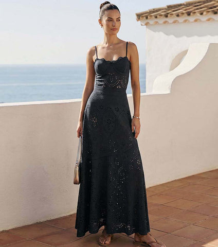Black Laser Cut Hollow One Piece Swimsuit and Skirt