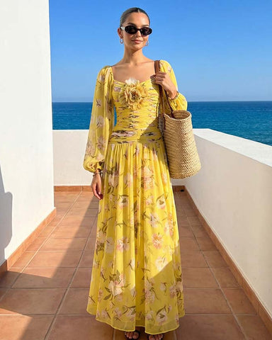 3D Flower Shirring Printed Chiffon Long Sleeves One Piece Swimsuit and Skirt	