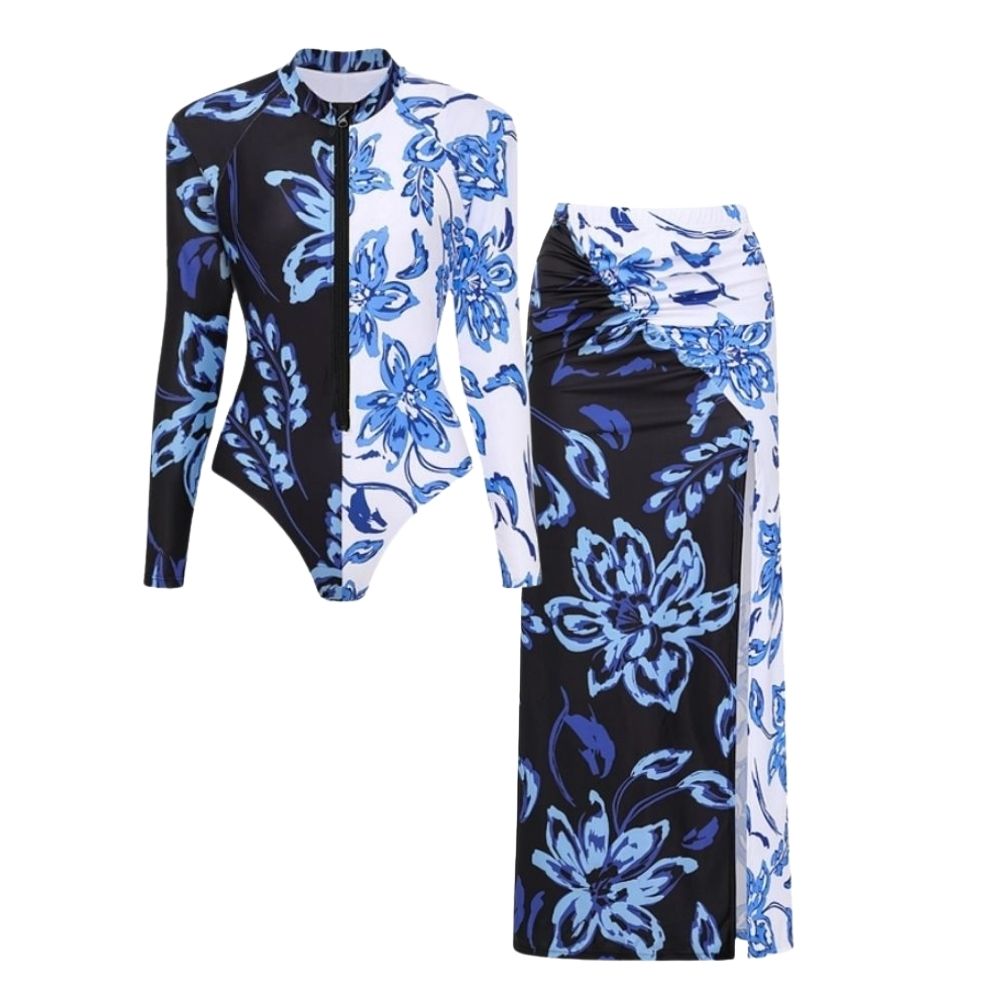 Color Block Printed Long Sleeve One Piece Surf Swimsuit and Skirt	