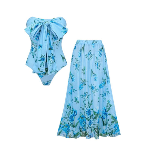Two Ways Bowknot Floral Printed One Piece Swimsuit and Skirt	