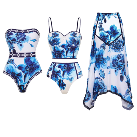 Floral Series Pattern Print One Piece Swimsuit and Skirt