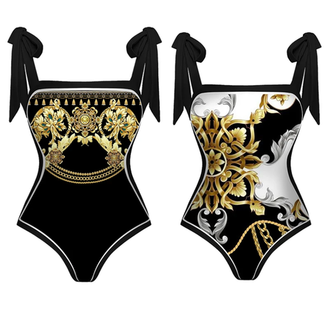 Reversible Tie-shoulder One Piece Swimsuit and Sarong