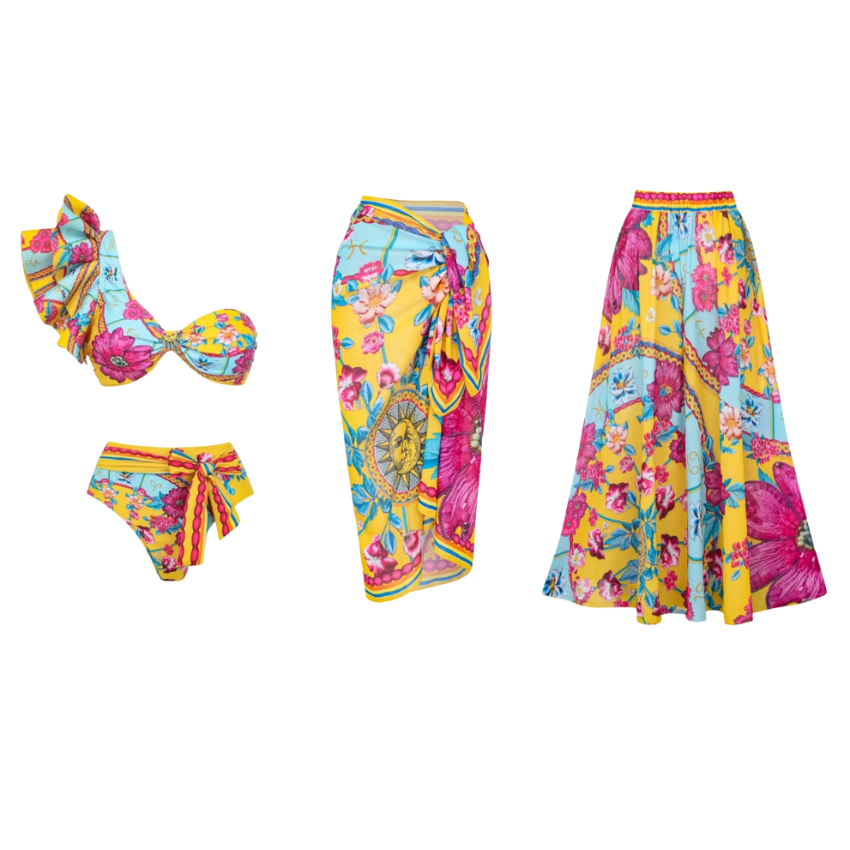 Constellation Flower Print Ruffled Bikini Swimsuit and Sarong	