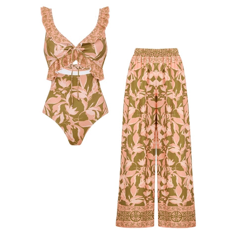 Ruffle Lace Up Cut Out Printed Swimsuit Set(s)